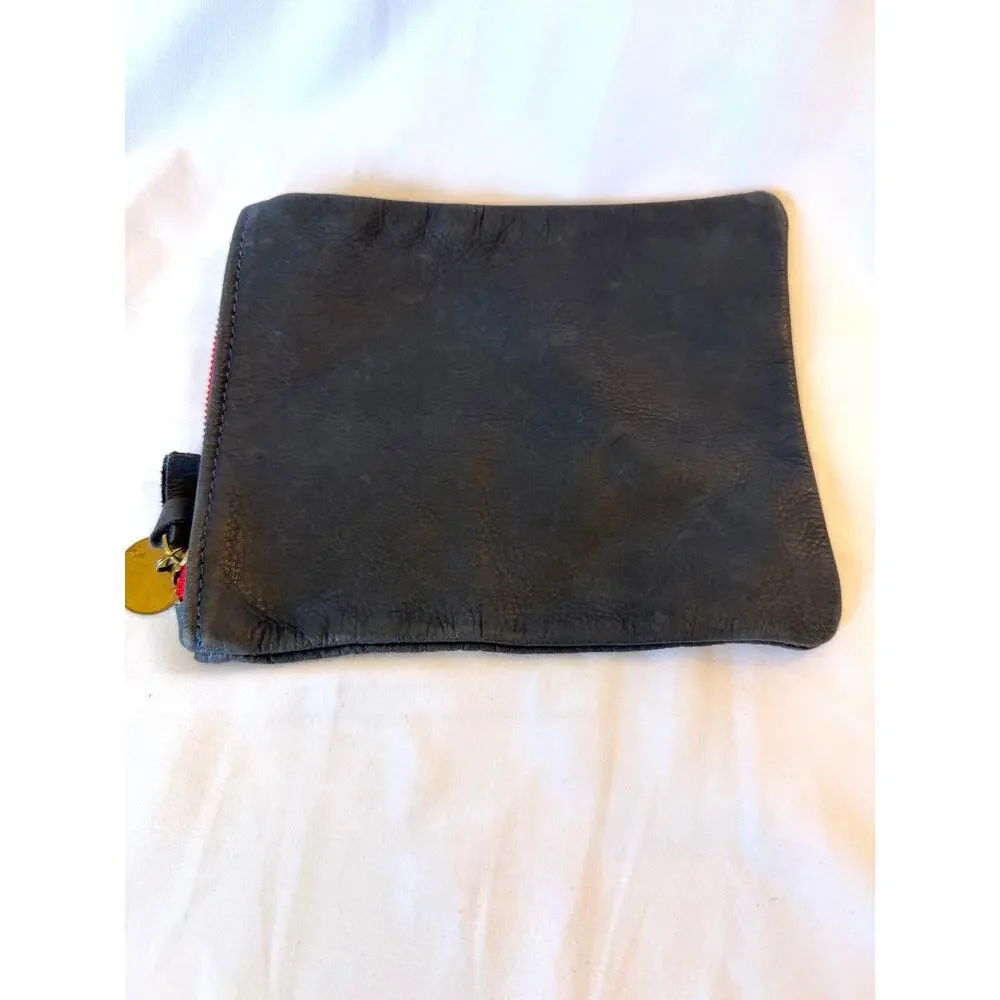 Clare V Vivier Vintage Mini Navy Leather Red Zip Pouch, Coin Purse Clutch